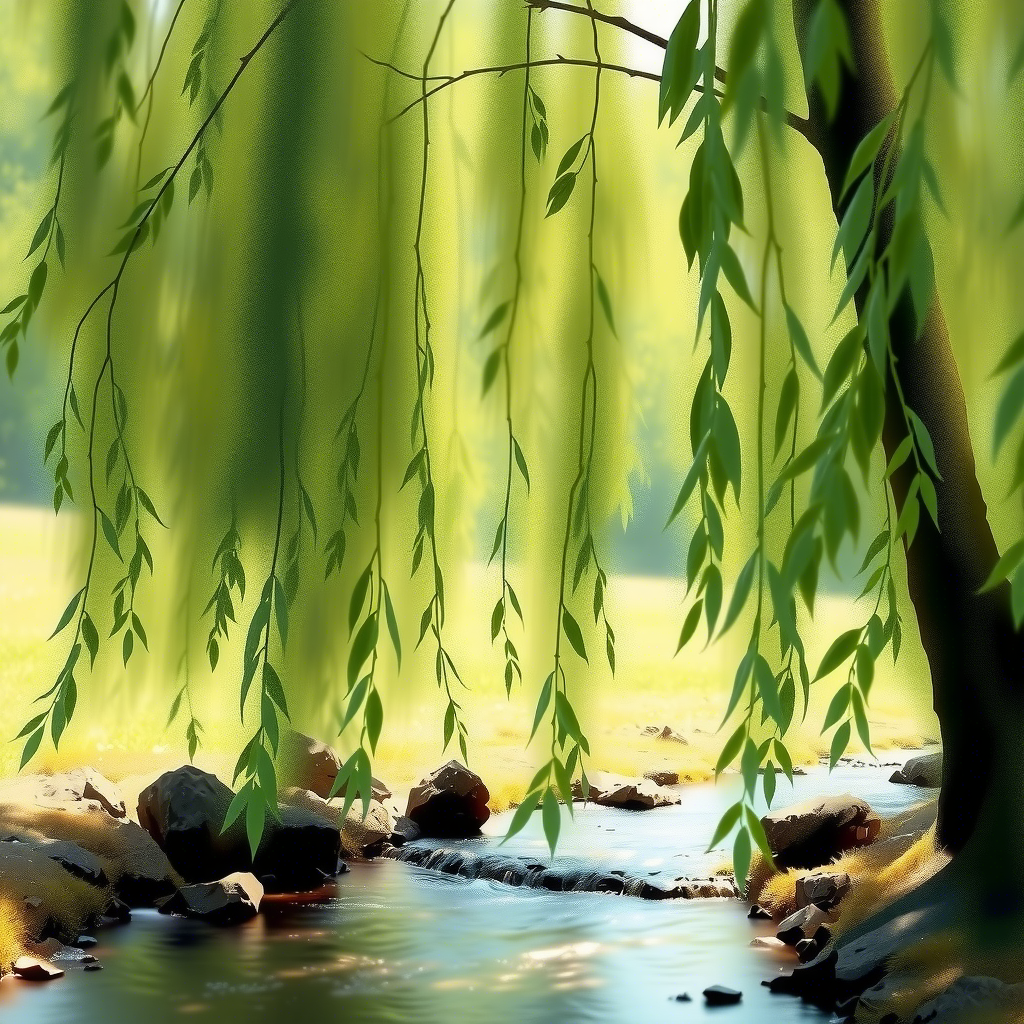 小溪边随风飘扬的柳树